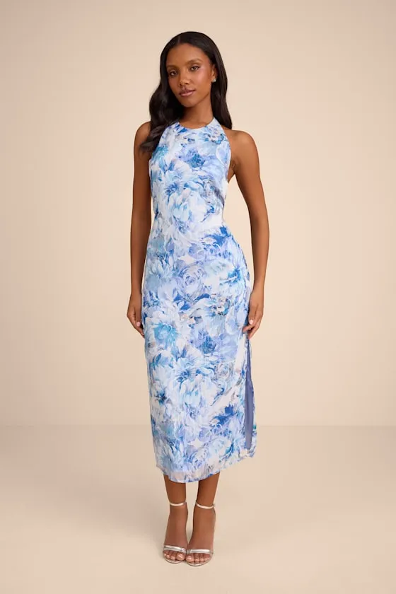 Neiva Blue and White Floral Backless Midi Dress sold by Lulus