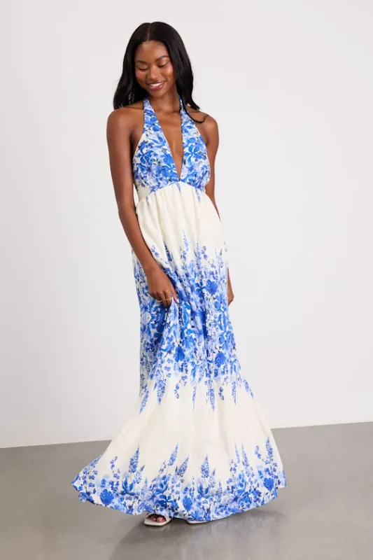 Leona Ivory and Blue Floral Halter Maxi Dress made by Lulus