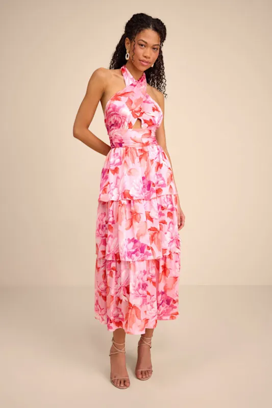 Ashlyn Pink Floral Tiered Midi Dress made by Lulus