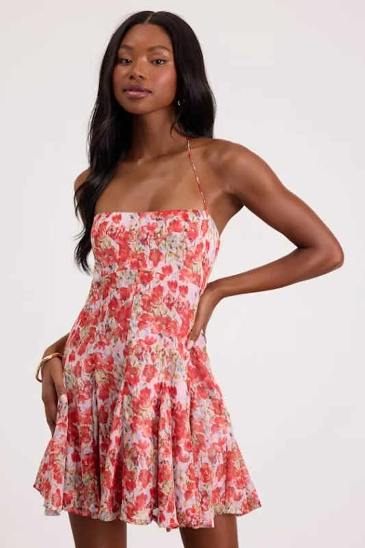 Sophrina Red Floral Halter Mini Dress made by Lulus