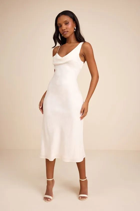 Cavani White Satin Asymmetrical Midi Dress sold by Lulus