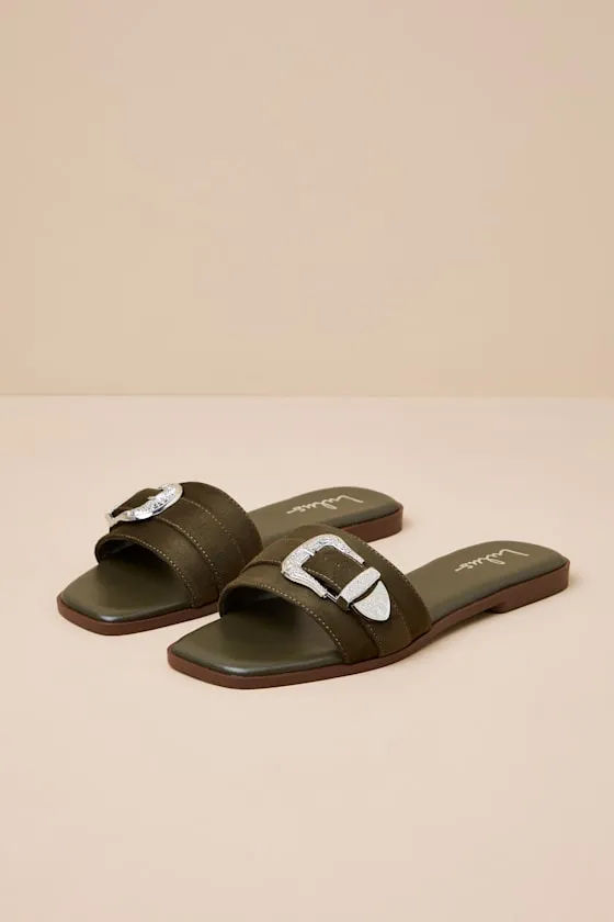 Nyomi Olive Suede Buckle Slide Sandals sold by Lulus product image thumbnail 2