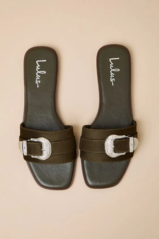 Nyomi Olive Suede Buckle Slide Sandals sold by Lulus product image thumbnail 4