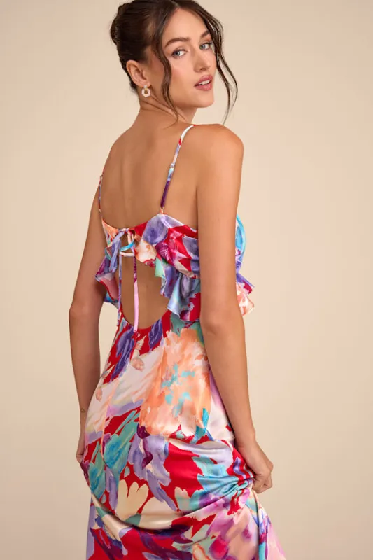 Augustina Red Multi Floral Satin Ruffled Midi Dress made by Lulus