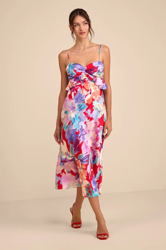 Augustina Red Multi Floral Satin Ruffled Midi Dress sold by Lulus product image thumbnail 2