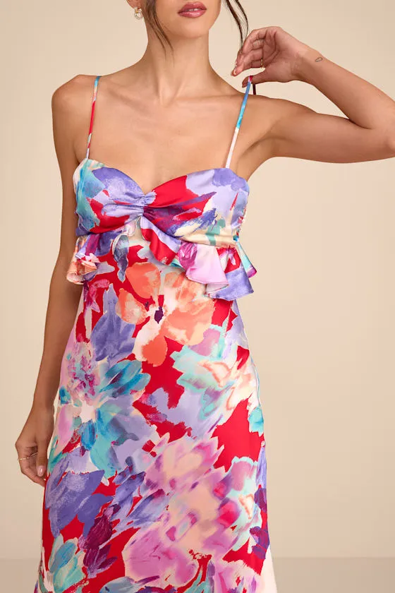 Augustina Red Multi Floral Satin Ruffled Midi Dress sold by Lulus product image thumbnail 3