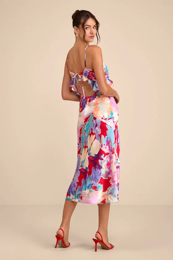 Augustina Red Multi Floral Satin Ruffled Midi Dress sold by Lulus product image thumbnail 4