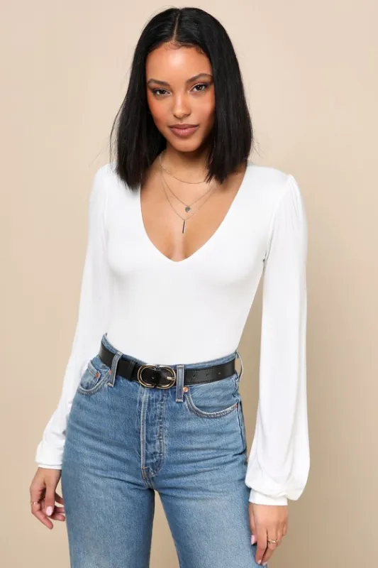 Kaylene Ivory V-Neck Balloon Sleeve Bodysuit made by Lulus
