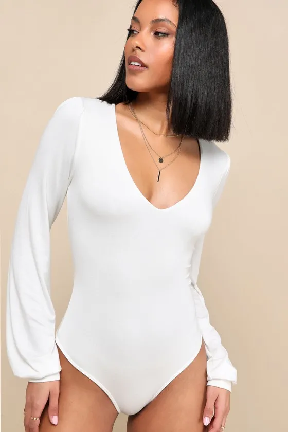 Kaylene Ivory V-Neck Balloon Sleeve Bodysuit sold by Lulus product image thumbnail 4