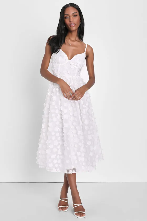 Whimsical Wishes White 3D Floral Bustier Midi Dress sold by Lulus