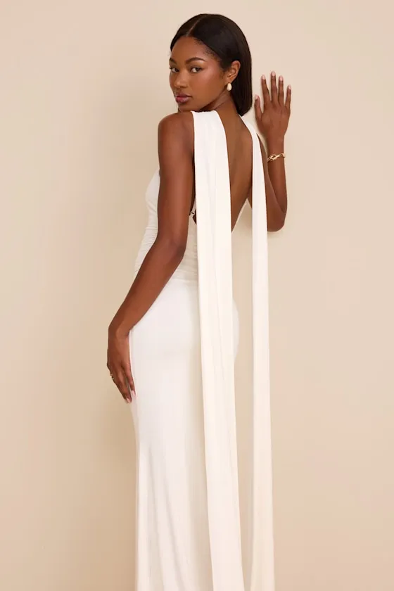 Delphina Ivory Jersey Knit Halter Sash Maxi Dress sold by Lulus product image thumbnail 4
