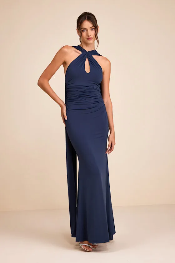 Delphina Navy Jersey Knit Halter Sash Maxi Dress sold by Lulus product image thumbnail 3