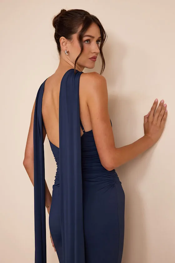 Delphina Navy Jersey Knit Halter Sash Maxi Dress sold by Lulus product image thumbnail 4