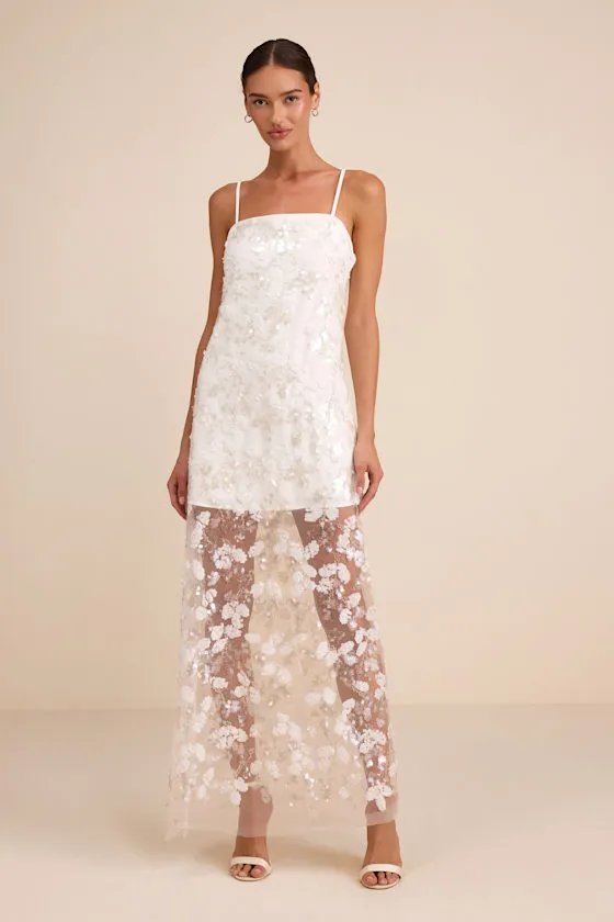 Cassie White Sequin Embroidered Sheer Hem Maxi Dress sold by Lulus
