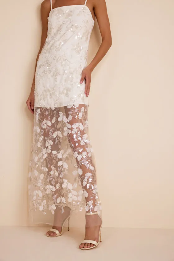 Cassie White Sequin Embroidered Sheer Hem Maxi Dress sold by Lulus product image thumbnail 2