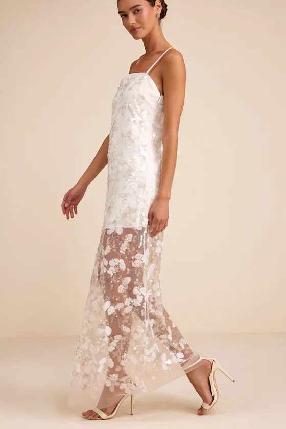 Cassie White Sequin Embroidered Sheer Hem Maxi Dress sold by Lulus product image thumbnail 4