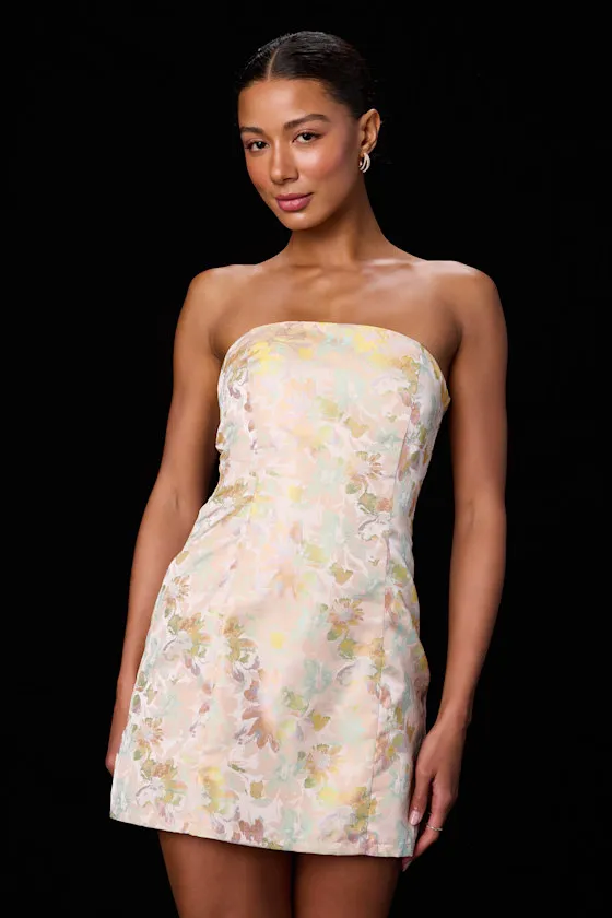 Lonna Blush Multi Floral Jacquard Lace-Up Mini Dress sold by Lulus