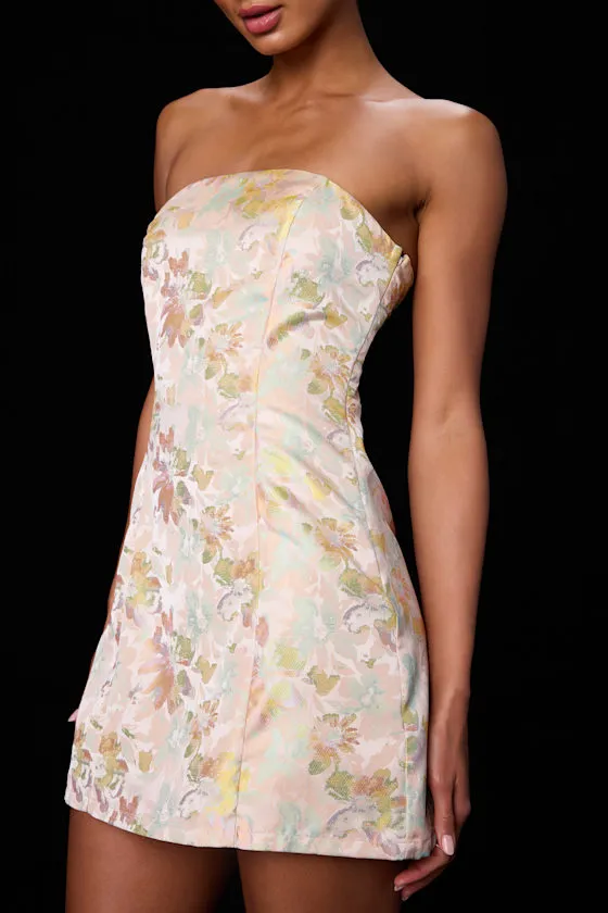 Lonna Blush Multi Floral Jacquard Lace-Up Mini Dress sold by Lulus product image thumbnail 2