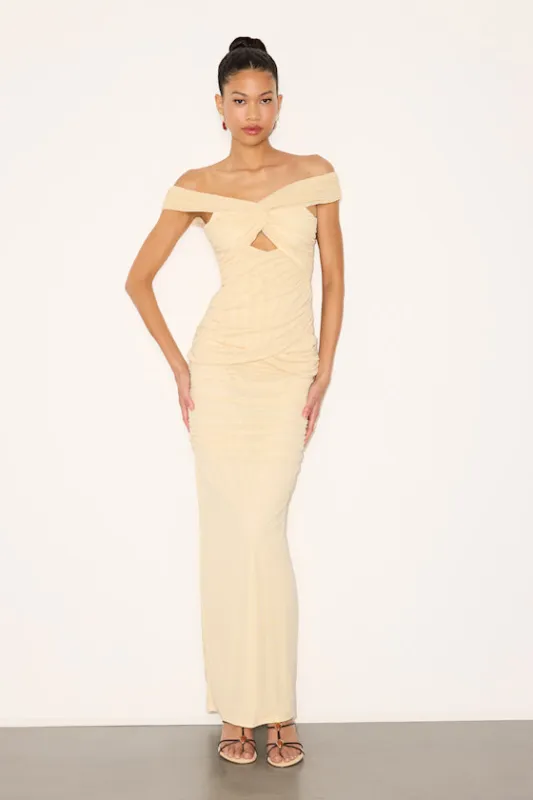 Jakaya Pale Yellow Mesh Off-the-Shoulder Maxi Dress made by Lulus