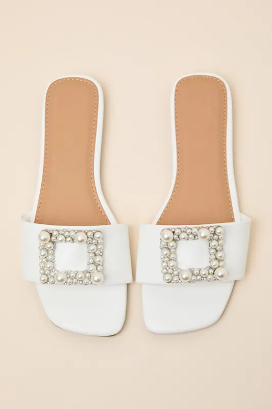 Lucinda White Pearl Slide Sandals made by Lulus