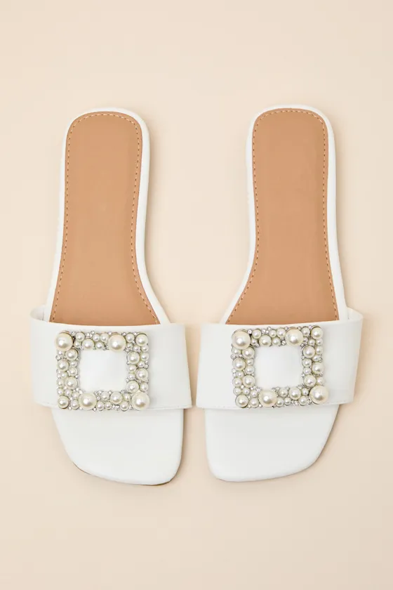 Lucinda White Pearl Slide Sandals sold by Lulus