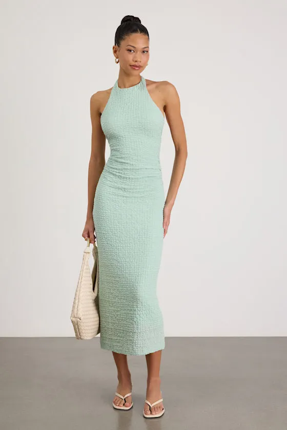 Jodelle Mint Green Textured Halter Midi Dress sold by Lulus