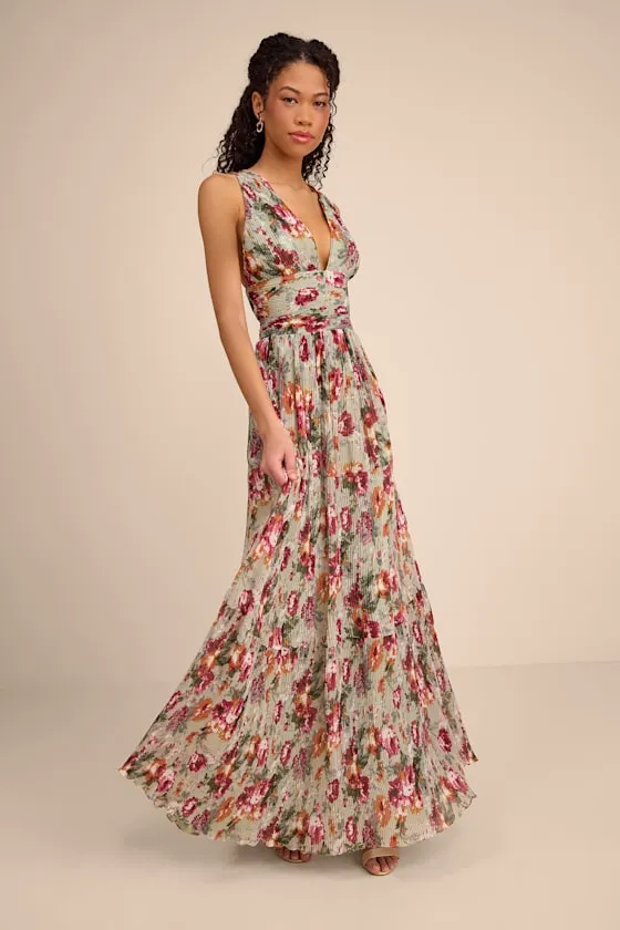 Leora Sage Floral Pleated Tiered Maxi Dress sold by Lulus