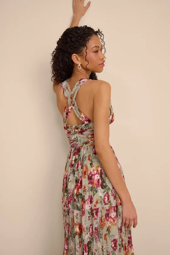 Leora Sage Floral Pleated Tiered Maxi Dress sold by Lulus product image thumbnail 2