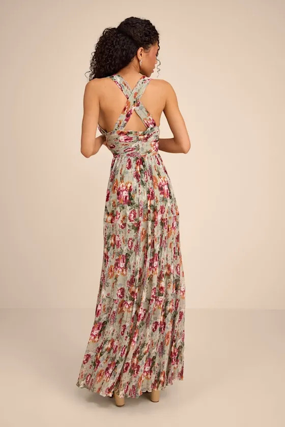 Leora Sage Floral Pleated Tiered Maxi Dress sold by Lulus product image thumbnail 3