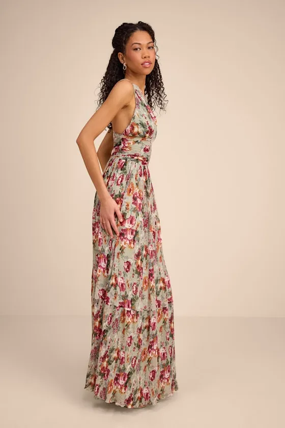 Leora Sage Floral Pleated Tiered Maxi Dress sold by Lulus product image thumbnail 4