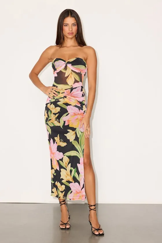 Bev Black Multi Floral Mesh Strapless Midi Dress sold by Lulus product image thumbnail 2