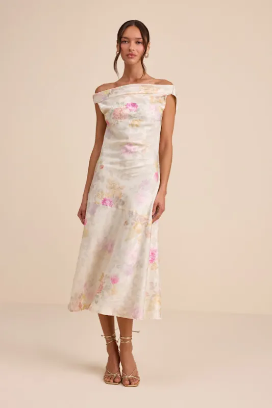 Elyse Ivory Floral Jacquard Satin Midi Dress made by Lulus