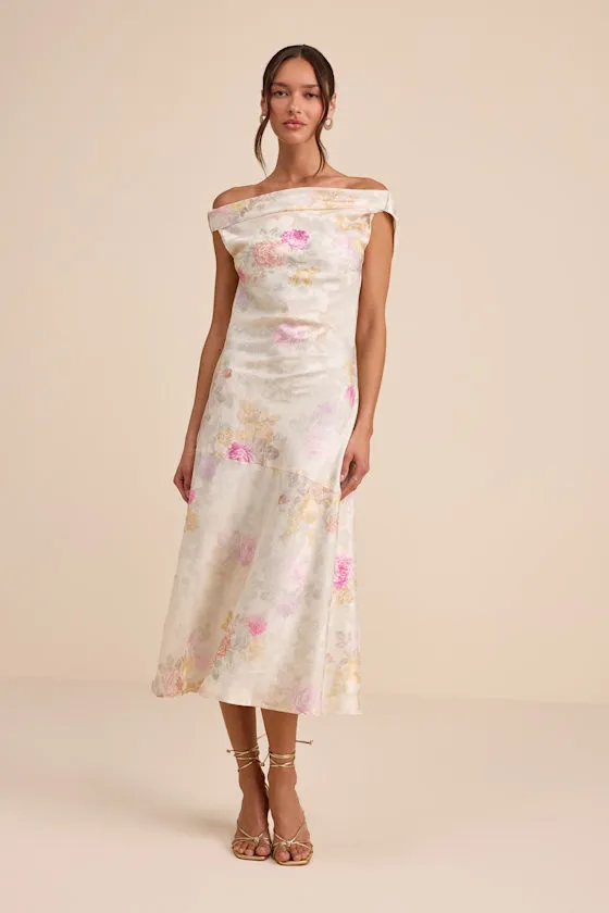 Elyse Ivory Floral Jacquard Satin Midi Dress sold by Lulus