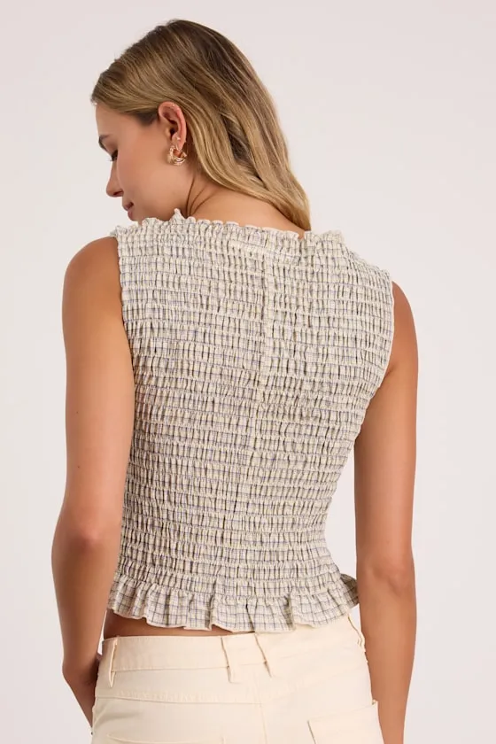 Thistle Pale Yellow Plaid Smocked Tank Top sold by Lulus product image thumbnail 3