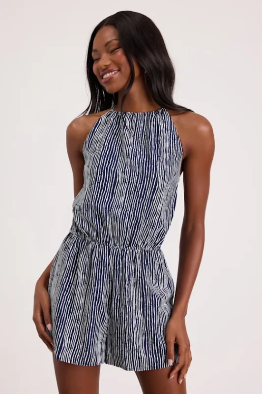 Amadora Navy Striped Halter Romper made by Lulus