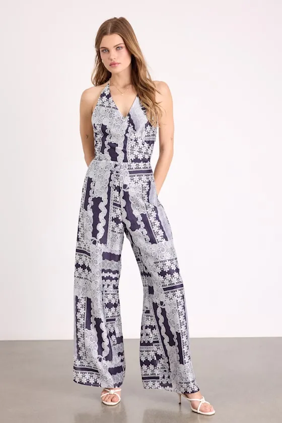 Arlee Navy and White Lace Print Wide-Leg Jumpsuit sold by Lulus product image thumbnail 2