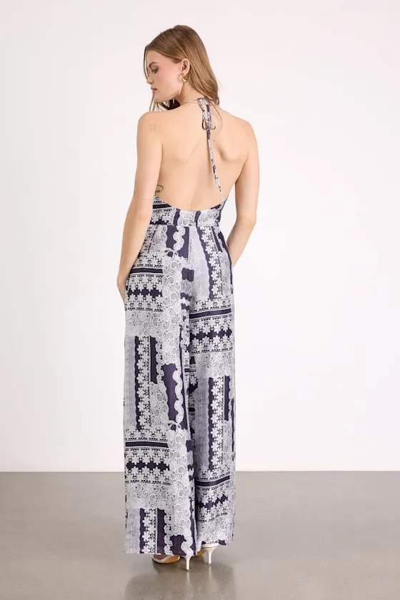 Arlee Navy and White Lace Print Wide-Leg Jumpsuit sold by Lulus product image thumbnail 3