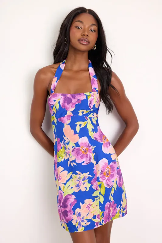 Dory Blue Multi Floral Halter Mini Dress made by Lulus