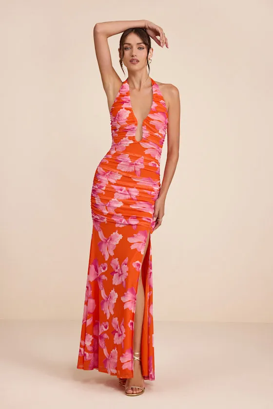Fiametta Orange and Pink Floral Ruched Maxi Dress sold by Lulus