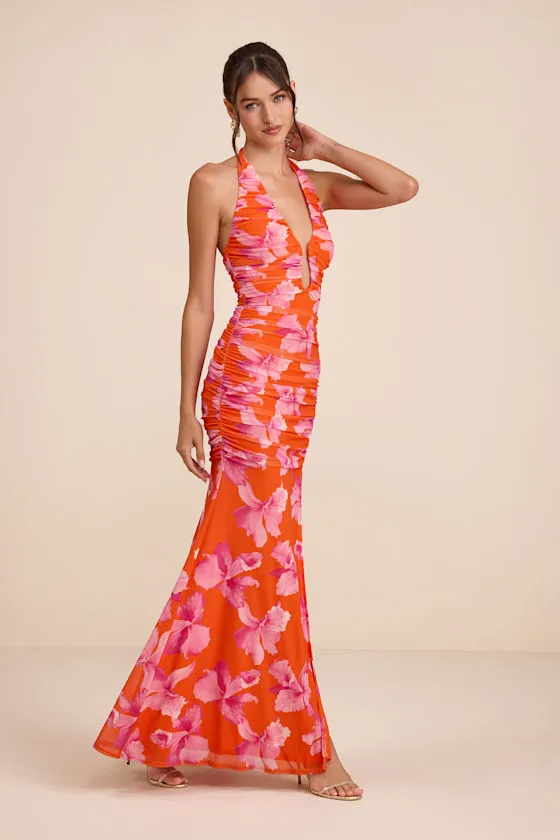 Fiametta Orange and Pink Floral Ruched Maxi Dress sold by Lulus product image thumbnail 4