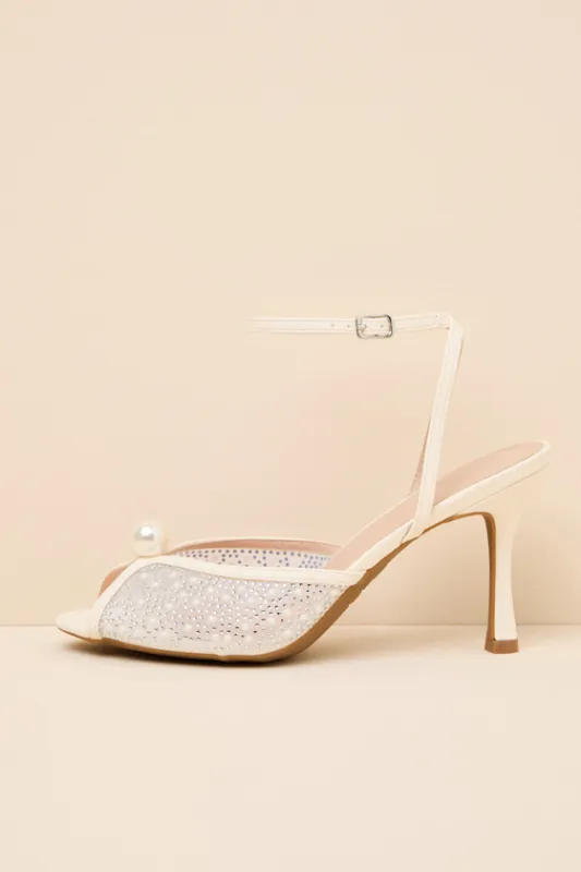 Pixie Ivory Rhinestone Ankle Strap Peep-Toe Heels made by Lulus