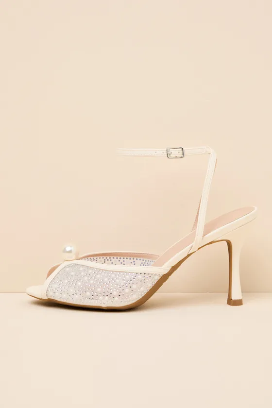 Pixie Ivory Rhinestone Ankle Strap Peep-Toe Heels sold by Lulus
