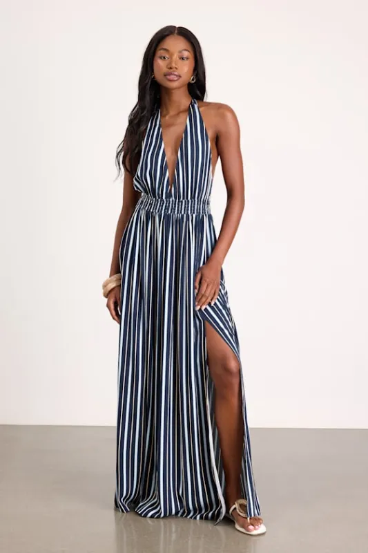 Lisette Navy Striped Backless Maxi Dress made by Lulus