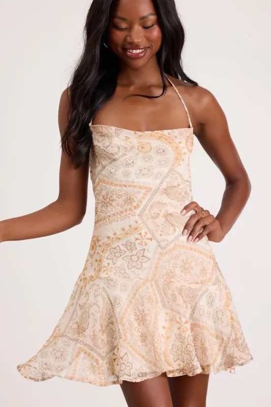 Nell Multi Boho Print Halter Mini Dress made by Lulus
