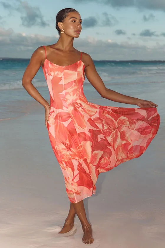 Atori Red Multi Floral Print Mesh Sleeveless Midi Dress sold by Lulus product image thumbnail 3
