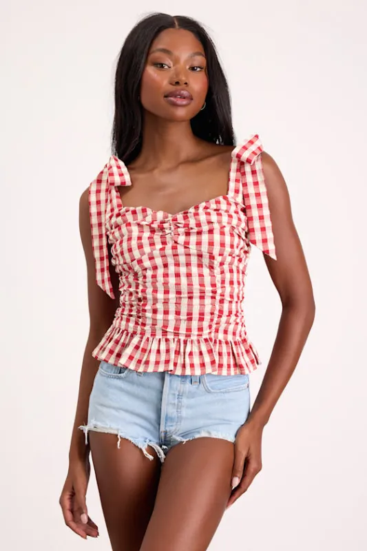 Lobelia Red Gingham Ruched Tie-Strap Top made by Lulus