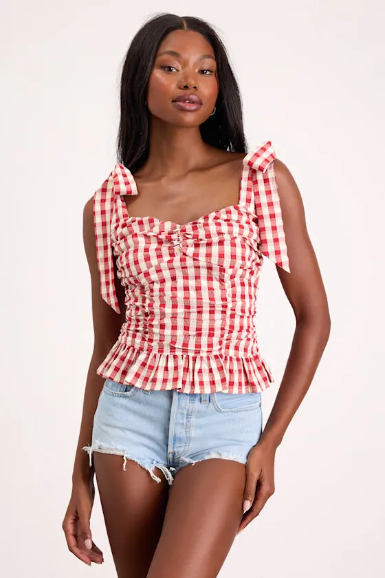 Lobelia Red Gingham Ruched Tie-Strap Top sold by Lulus