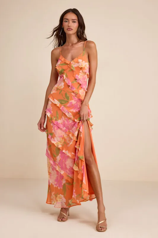 Zarina Orange Multi Floral Ruffled Maxi Dress made by Lulus