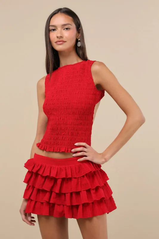 Izzy Red Smocked Tiered Two-Piece Skort Romper made by Lulus