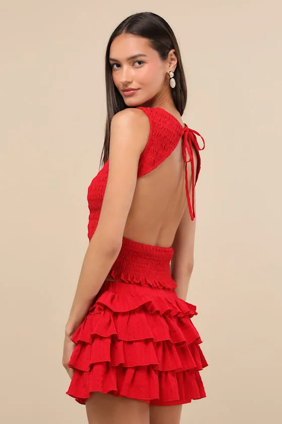 Izzy Red Smocked Tiered Two-Piece Skort Romper sold by Lulus product image thumbnail 2